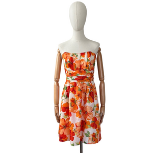 David’s Bridal Strapless Mini Dress Floral Orange Cream Green Size 12